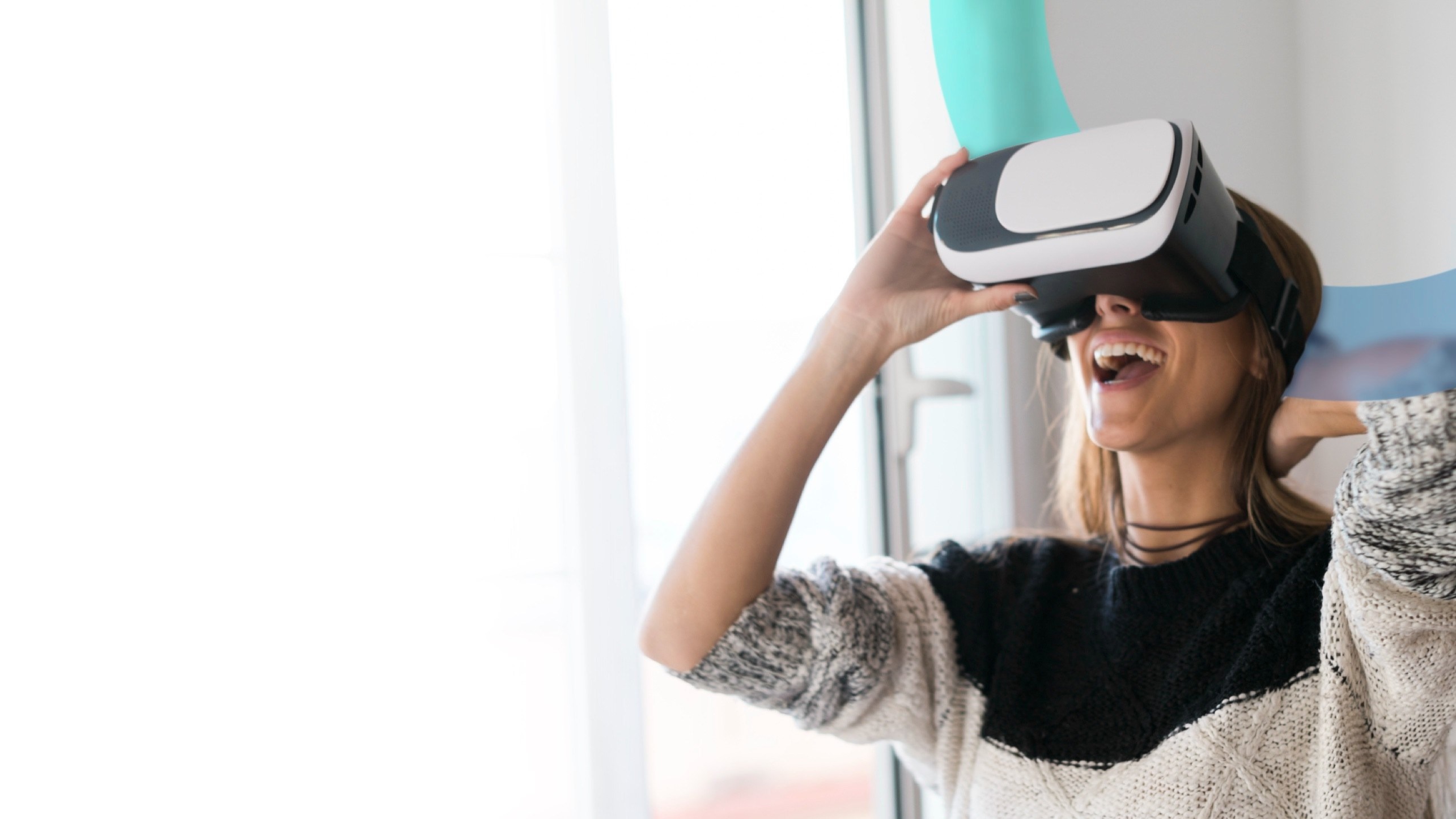 Woman exploring digital world with VR headset