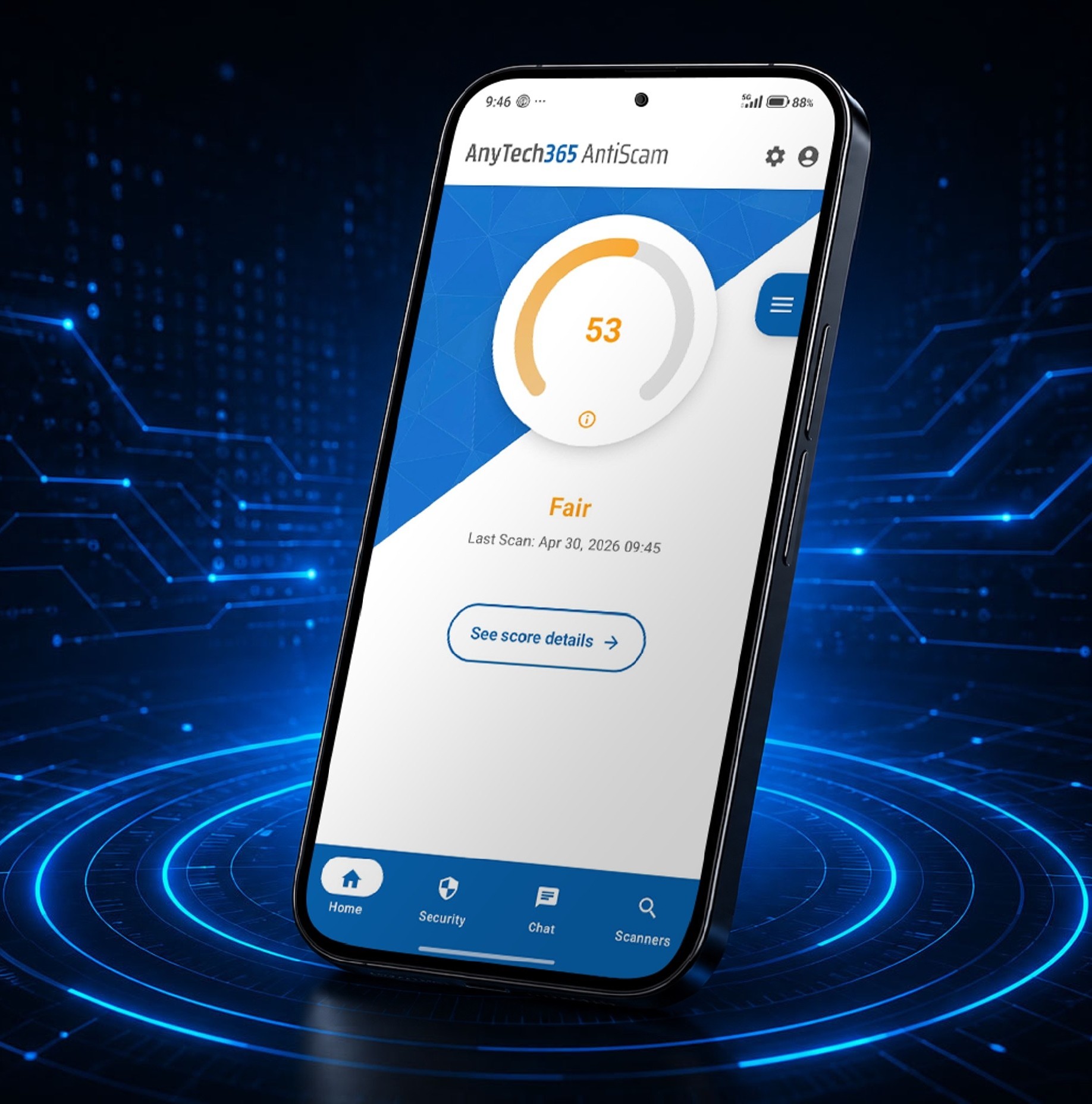 AnyTech365 AntiScam Mobile app displaying a device security score