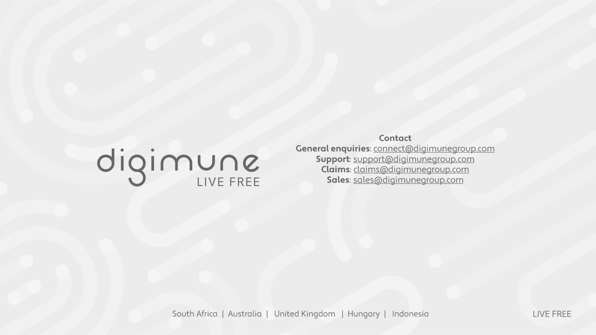 Contact Digimune — general enquiries, support, claims and sales.